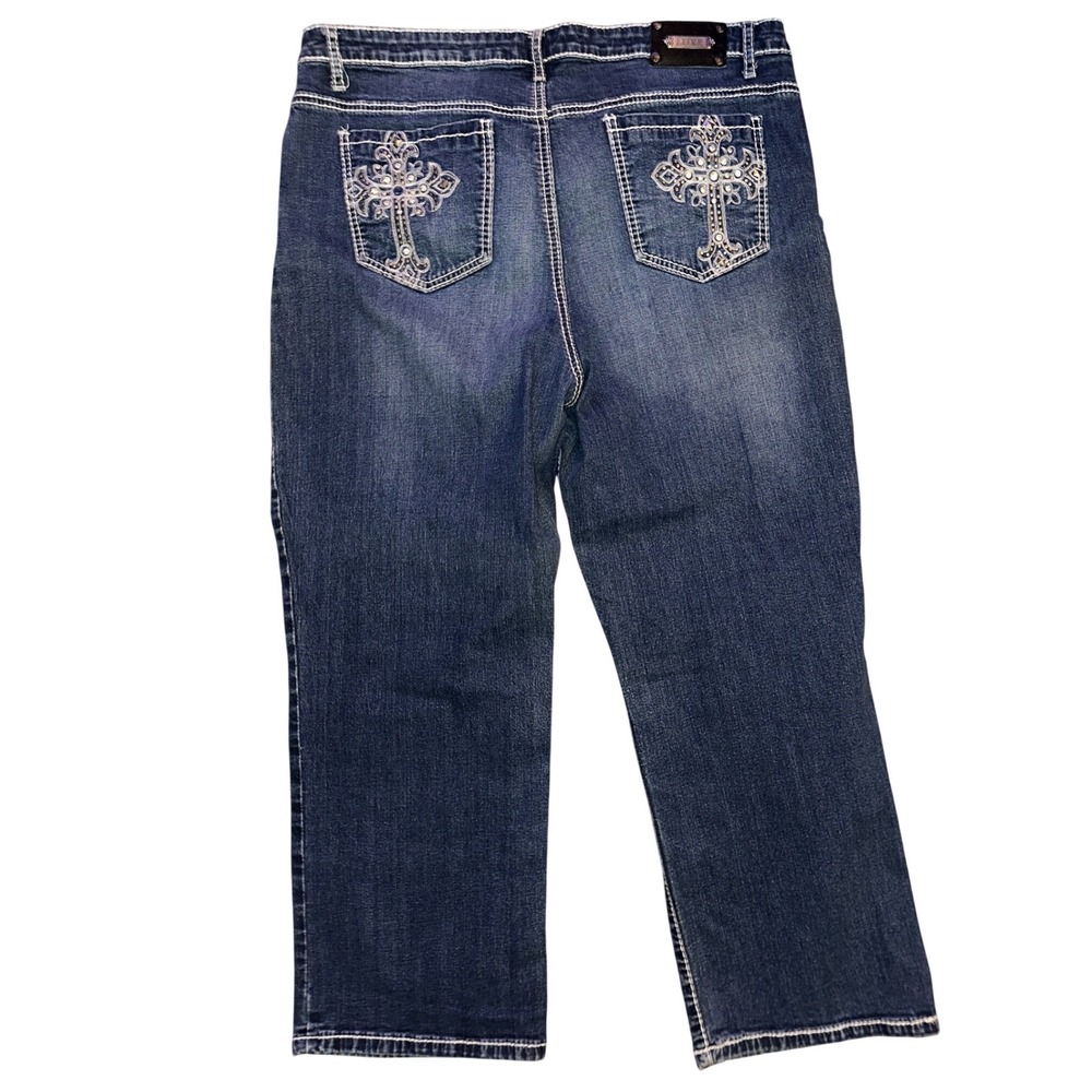Tru Luxe Jeans Womens 33/16 Dark Wash Cross Embroidered Straight Leg Denim
